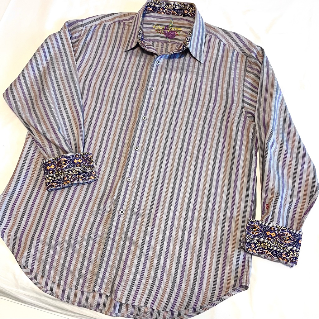 Robert Graham Striped Shirt Contrasting Paisley Flip Cuffs Xl